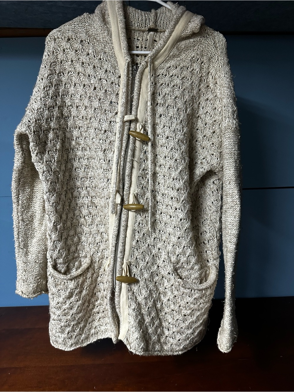 Free people 2000’s chunky Cream Knit Hooded Toggle Cardigan Sweater